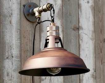 Rustic industrial wall sconce. Handmade barn light with.Conical lampshade.