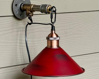 Rustic industrial wall sconce. Handmade barn light with.Conical lampshade.