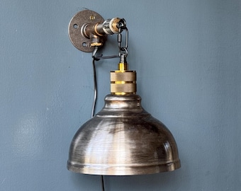 Rustic industrial wall sconce. Handmade barn light with.Conical lampshade.