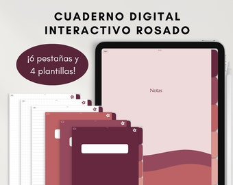 May include: A digital notebook app with 16 tabs and 4 templates. The app has a pink background with a wavy design and the word "Notas" at the top. The app is shown on a tablet.