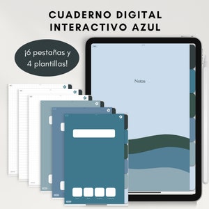 Puede incluir: Una aplicación de cuaderno digital en una tableta con un esquema de color azul y verde. La aplicación tiene seis pestañas y cuatro plantillas. El texto en la pantalla dice "Notas".