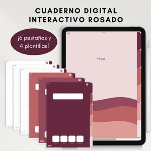 Puede incluir: Una aplicación de cuaderno digital con 16 pestañas y 4 plantillas. La aplicación tiene un fondo rosa con un diseño ondulado y la palabra "Notas" en la parte superior. La aplicación se muestra en una tableta.