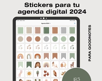 May include: A digital planner screen with 123 stickers for Goodnotes. The stickers are in a grid and feature various designs, including rainbows, flowers, animals, and geometric shapes. The stickers are in a variety of colors, including brown, green, pink, and blue.