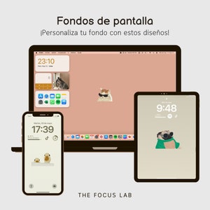 Puede incluir: Tres tamaños de pantalla diferentes con un fondo rosa y una variedad de iconos e imágenes. El texto en las pantallas dice "23:10", "May 22, Lina", "17:39", "9:48" y "THE FOCUS LAB".