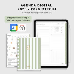 Puede incluir: Agenda digital para 2025-2026 con una cubierta a rayas verdes y blancas. La imagen incluye una tableta que muestra la agenda, un icono de calendario digital y el texto "AGENDA DIGITAL 2025-2026 MATCHA".