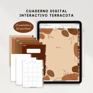 Puede incluir: Un iPad muestra un cuaderno digital con un tema de terracota. La pantalla muestra un fondo beige con formas abstractas marrones y la palabra "Notas". La imagen también incluye una pila de cubiertas de cuadernos digitales en varios tonos de marrón y papel cuadriculado blanco. El texto dice "CUADERNO DIGITAL INTERACTIVO TERRACOTA".