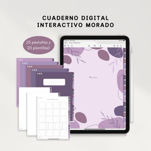 Puede incluir: Cuaderno digital morado con 15 pestañas y 20 plantillas. El cuaderno está abierto en la pantalla de una tableta que muestra un fondo morado con formas abstractas y hojas. El texto "Notas" es visible en la pantalla.