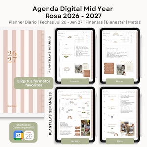 Puede incluir: Una agenda digital de mitad de año 2026-2027 titulada Agenda Digital Mid Year Rosa, con plantillas diarias y semanales que incluyen secciones para finanzas, bienestar y metas. El diseño muestra portadas a rayas, calendarios y listas.