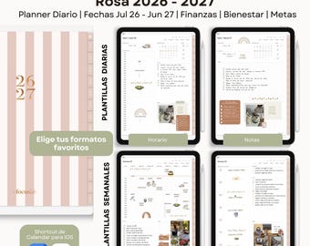 Puede incluir: Una agenda digital de mitad de año 2026-2027 titulada Agenda Digital Mid Year Rosa, con plantillas diarias y semanales que incluyen secciones para finanzas, bienestar y metas. El diseño muestra portadas a rayas, calendarios y listas.