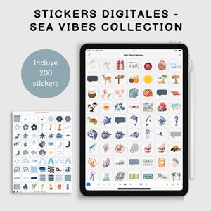 Puede incluir: Una colección de pegatinas digitales con 200 pegatinas que presentan una variedad de ilustraciones con temática de playa y océano. Las pegatinas incluyen conchas marinas, estrellas de mar, palmeras y mucho más. La colección se titula "Sea Vibes Collection".