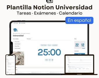 University | Notion Template: Dashboard + Tasks and Calendar | Spanish | Instant Download