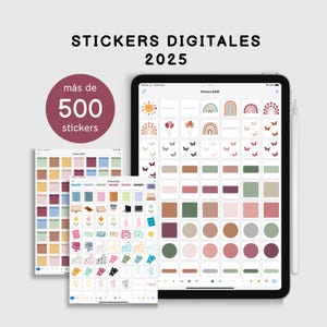 Puede incluir: Una tableta digital que muestra una colección de más de 500 pegatinas digitales coloridas para 2025. Las pegatinas incluyen varios diseños, como arcoíris, mariposas y formas geométricas.