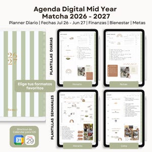 Puede incluir: Una agenda digital titulada Agenda Digital Mid Year Matcha 2026-2027 con plantillas diarias y semanales. La interfaz muestra pestañas para finanzas, bienestar y metas, con una portada a rayas verdes y blancas y listas de tareas.