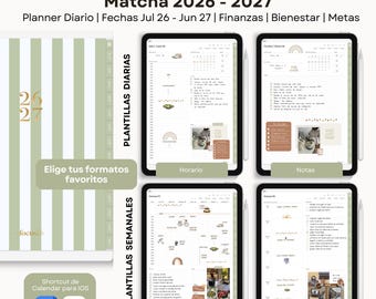 Puede incluir: Una agenda digital titulada Agenda Digital Mid Year Matcha 2026-2027 con plantillas diarias y semanales. La interfaz muestra pestañas para finanzas, bienestar y metas, con una portada a rayas verdes y blancas y listas de tareas.