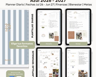 Puede incluir: Una agenda digital de mitad de año 2026-2027 titulada Agenda Digital Mid Year Azul 2026-2027. Incluye una portada de rayas azules y blancas, plantillas diarias y semanales con horarios, notas y listas, y un icono de acceso directo de calendario iOS.
