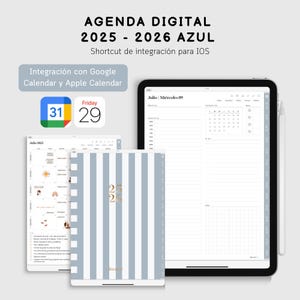 Puede incluir: Agenda digital azul para 2025-2026, con integración para iOS. La imagen muestra una agenda digital en una tableta y una agenda física con rayas azules y blancas. El texto dice "Agenda Digital".