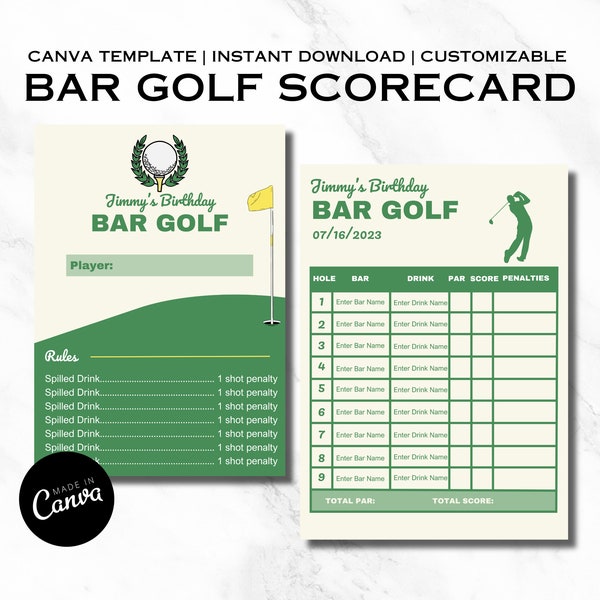 Bar Golf Scorecard | Editable Canva Template | Printable Bar Golf | Bachelor Bar Golf| Birthday Bar Games | Nashville Bar Crawl