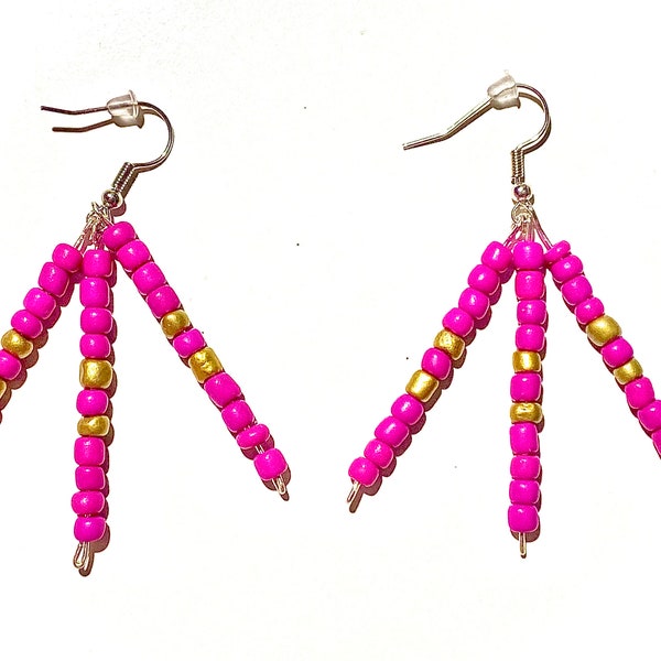 Handmade Native American Style Dangle Earrings Hot-Pink & Gold Fiesta Colors