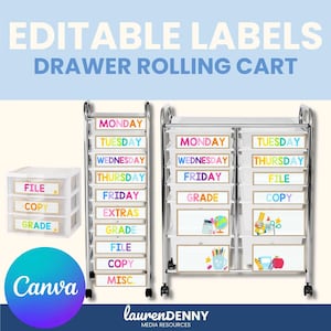 May include: A set of editable labels for a drawer rolling cart, featuring colourful text for days of the week and school-related categories like File, Copy, and Grade, displayed on a small three-drawer unit and two larger rolling storage carts.