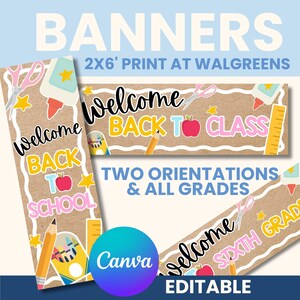 May include: A set of printable school banners featuring a kraft paper background with a white scalloped border. The designs include school supplies like pencils, scissors, glue, and crayons, with text reading Welcome Back To School and Class.