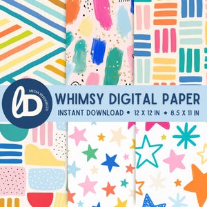May include: A collection of digital paper patterns featuring diagonal stripes, colorful brush strokes with gold speckles, geometric blocks, abstract shapes, and various star designs in vibrant shades of blue, pink, orange, yellow, and green.