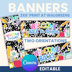 May include: A set of digital banners featuring a black and white composition notebook pattern with school supply graphics including scissors, glue, rulers, calculators, crayons, and apples. The text reads Welcome To Class, Welcome Back To School, and Welcome Back!