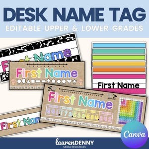 May include: A collection of rectangular desk name tags featuring editable text fields, colorful fonts, and educational graphics including number lines, place value charts, multiplication tables, and geometric shapes on kraft paper and patterned backgrounds.