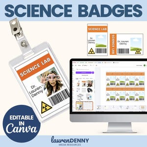 May include: A vertical plastic badge holder with a metal clip containing a white card labeled SCIENCE LAB, featuring a photo of a person in safety goggles, the name Dr. Lauren Denny, a barcode, and a yellow radiation hazard symbol.