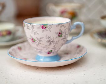 Pink and Blue Floral Tea Cup Candle