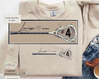 Custom LACROSSE MOM-sweatshirt met nummer en spelersnaam op de mouw. Aangepast moedershirt lacrosse, sweater Game Day, moedercadeau lacrosse