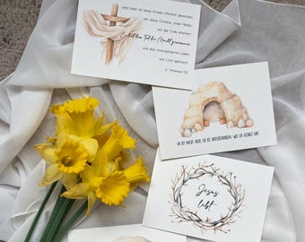 Christliche Osterkarten 4er Set/Aquarell/Aquarellpapier/christlich/Ostern/Der Herr ist auferstanden/Din A6/Jesus lebt/christliche Karten