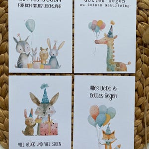 Christliche Geburtstagskarten für Kinder mit Aquarellbildern/Gottes Segen/4er Set/auf Aquarellpapier/Karten mitTieren