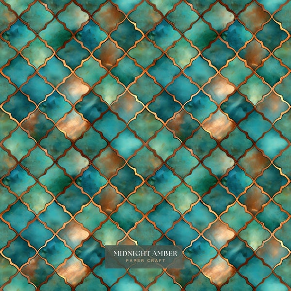 Vintage Teal Copper Patina Tiles Digital Paper Pattern