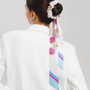 Pure Silk Hair Scarf, White Floral Silk Skinny Scarf for Women, Luxury Hair Accessories, Trendy Hair Scarf for Ponytail or Bun, Fashion Gift