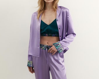 Lavender Silk Pajama Mix and Match, Trending Sleepwear for Women, Unique Design Pajama by Ukrainian Artist, Valentines Day Gift for Women