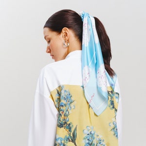 Luxury 100% Silk Scarf with Unique Design, Light Blue Square Silk Scarf, Gift for Mother, Blue Summer Scarf, Birthday Gift for Daughter