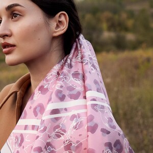 Pink Leopard Inspired Silk Scarf, Designer Square Lightweight Scarf, Natural Silk Neck Scarf, Birthday Gift for Her, Summer Fashion