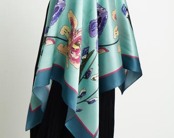 Luxury Silk Scarf, Silk Scarf for Head, Silk Neck Scarf with Iris Flowers, Unique Birthday Gift for Her, Organic Silk Hair Scarf