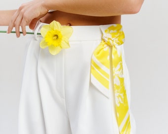 Designer Mini Silk Neckerchief, Yellow Skinny Scarf from Natural Italian Silk, Bag Accessory, Luxury Women Gift, Gift Idea for Her