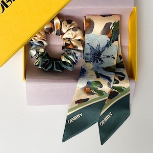 Luxury Silk Scarf Scrunchie, Leopard Silk Skinny Scarf with Artistic Floral Accent, Narrow Scarf for Hair, Mother's Day Gift for Wife