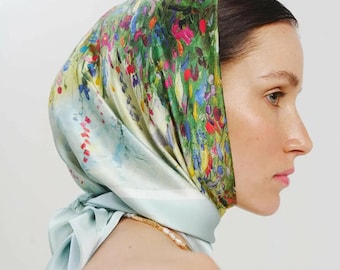 Luxury Silk Scarf, Silk Scarf for Head, Silk Square Scarf with Artwork Design, Organic Silk Hair Scarf, Unique Birthday Gift for Her