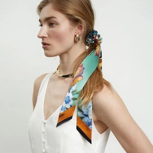 Set of Matching Silk Skinny Scarf and Scrunchie, Long Tail Scrunchie, Ribbon Silk Scarf, Silk Thin Hair Scarf, Luxury Scarf Scrunchie