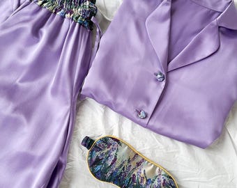 Pure Silk Pajama with Designer Details, Luxurious Light Purple Sleepwear for Women, Comfortable Loungewear, Holiday Gift for Her