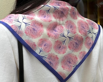 Silk Scarf with Delicate Floral Print, Luxury Head and Neck Accessory for Women, Artistic Handmade Gift, Silk Anniversary Gift for Her