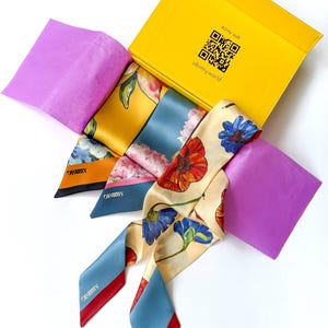 Luxury 100% Pure Silk Skinny Scarf, Floral Blue Skinny Scarf, Designer Thin Neck Scarf, Narrow Hair Scarf, Scarf Gift Set, Birthday Gift