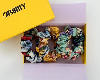 Set of 3 Silk Scrunchies, Floral Pure Silk Hair Ties, Luxury Hair Accessories for Women, Gift Box Included