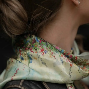 Hand Painted Design Silk Neckerchief, Pure Silk Scarf Square, Small Silk Scarf, 17 inches Scarf, Luxury Neck Scarf for Women, Gift for Her