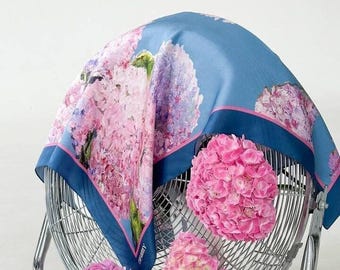 Satin Head Scarf, Blue Neckerchief for Women, Square Scarf, Anniversary Gift for Wife