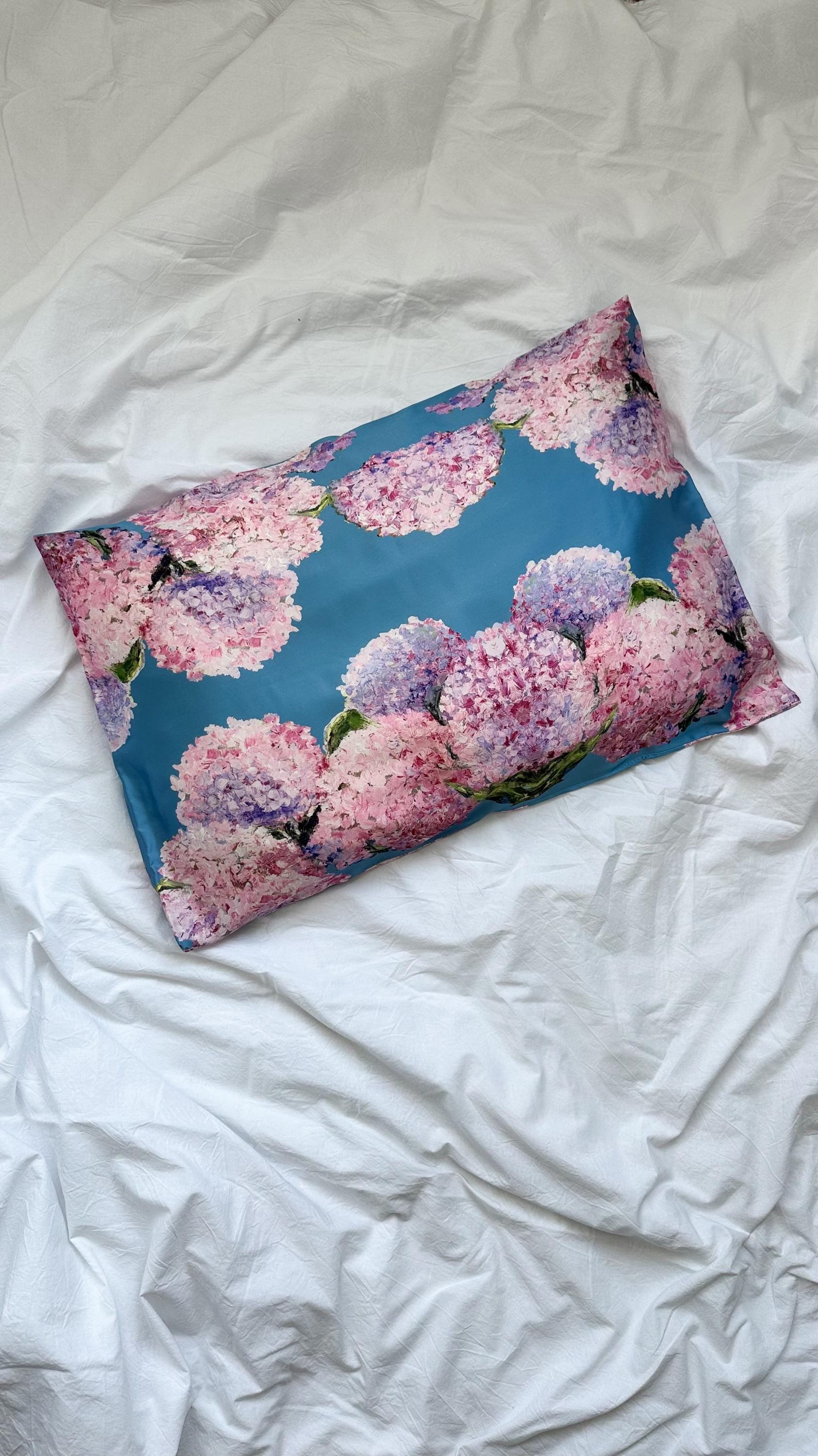 Blue Silk Pillowcase with Hydrangea Hand Painted Design by Ukrainian Artist, Unique Floral Silk Pillowcase, Luxury Silk Gift for Her
