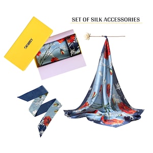 Trendy summer 2025 silk scarves bundle, Set of 2 luxury floral accessories - skinny neck wrap and square hair cover, Unique gift for her